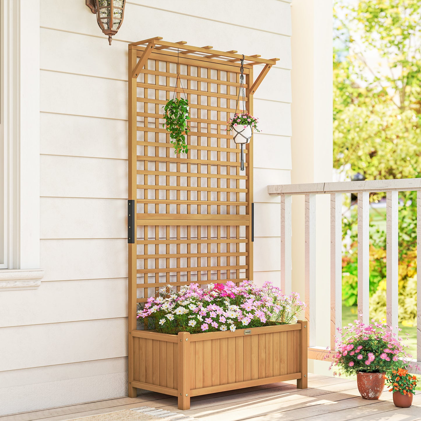 Outsunny Raised Bed Wood Planter With Trellis Drainage Holes For Climbing Plants Grow Vegetables And Flowers Yellow