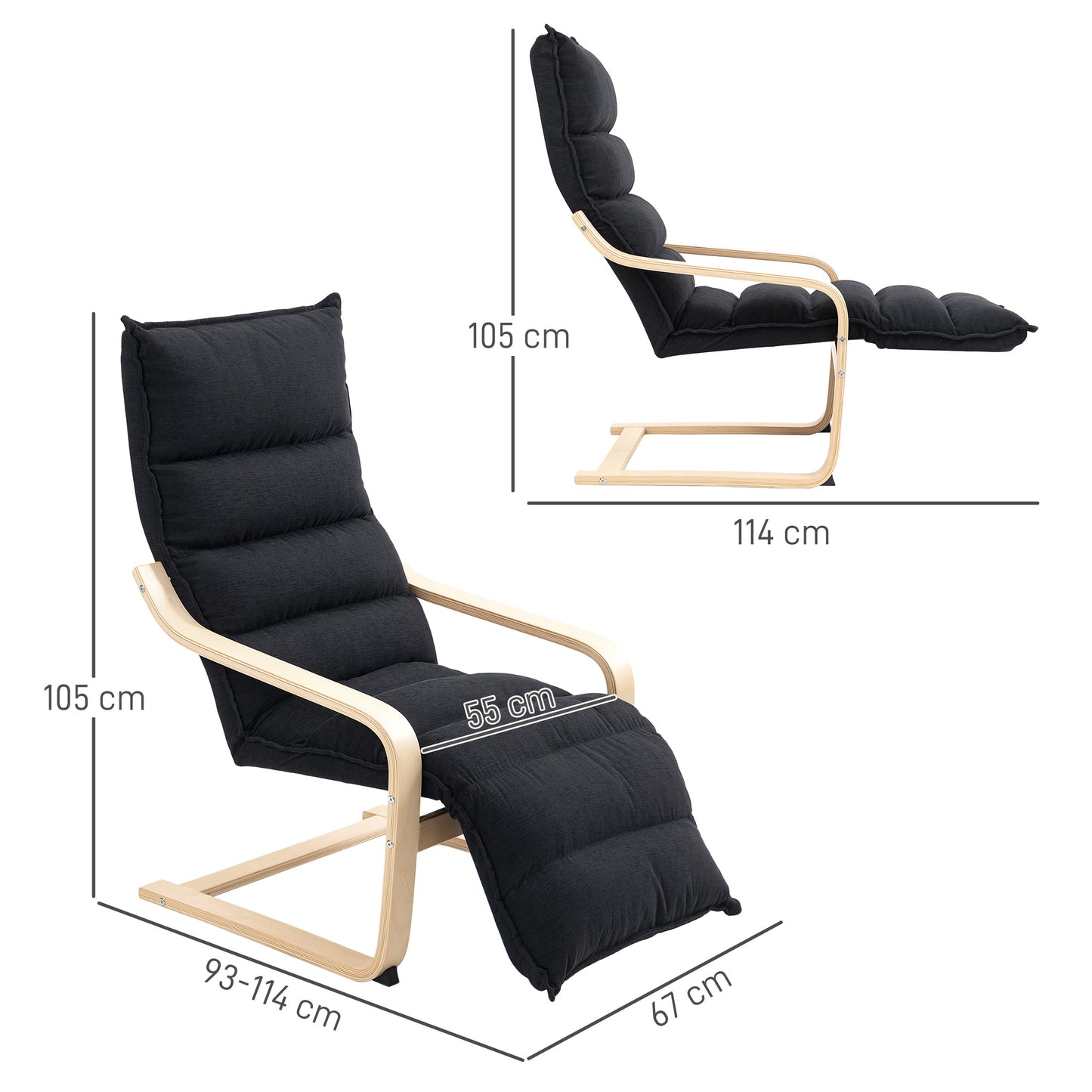 HOMCOM Curved Wooden Accent Chair With Adjustable Footrest Rocking Motion Velvet Upholstery Black Birch Wood Frame
