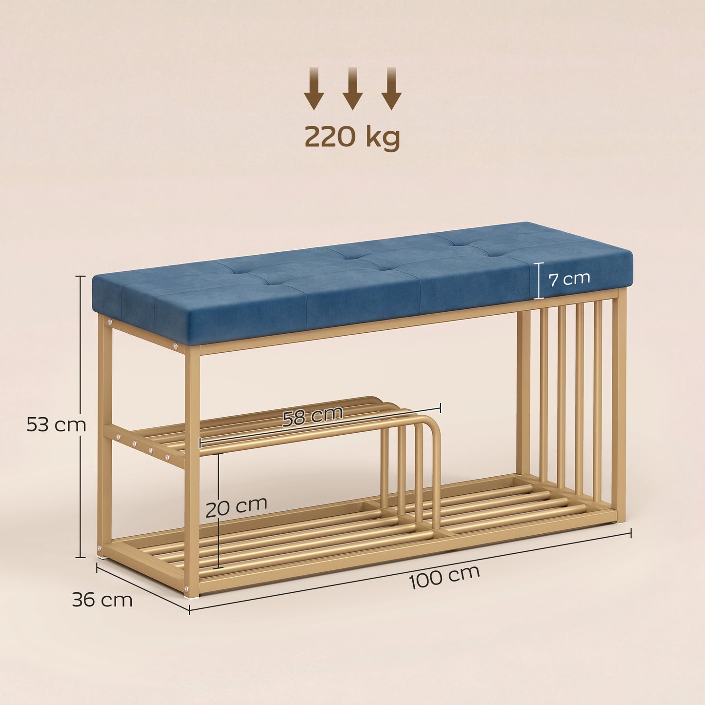 HOMCOM Tufted Velvet Shoe Storage Bench With Gold Steel Frame For Entryway Dark Blue Two Tier Storage