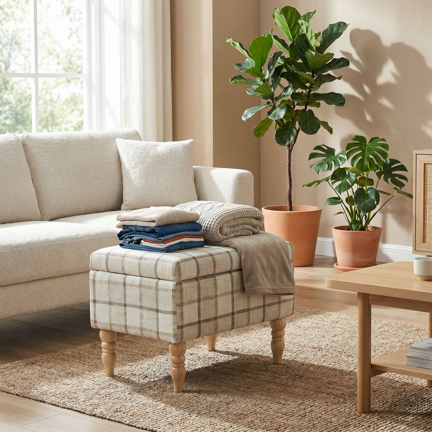 HOMCOM Linen Fabric Upholstered Storage Ottoman Rectangular Footstool With Removable Top Tray Table Hidden Space Brown