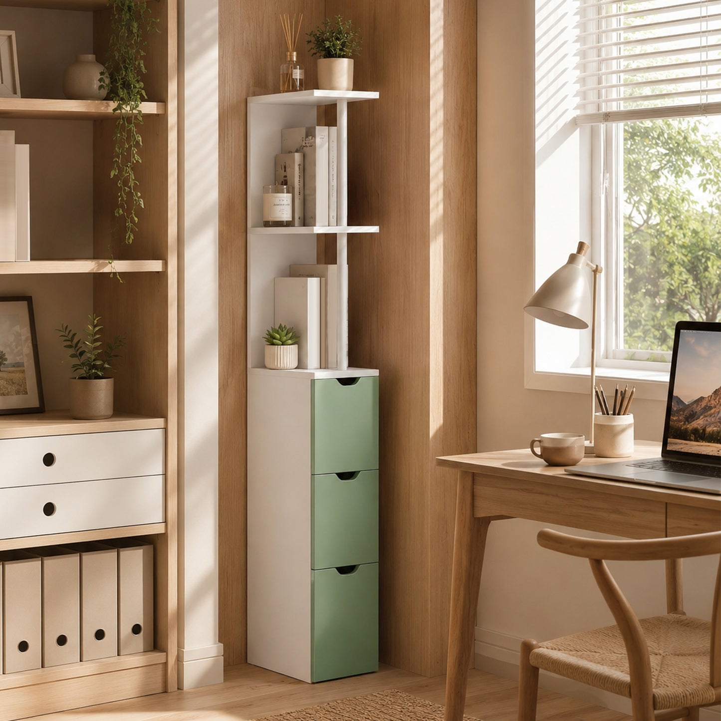 HOMCOM Slim Bathroom Storage Cabinet Tall Floor Cabinet With 2 Tier Shelf And 2 Drawers White And Light Green