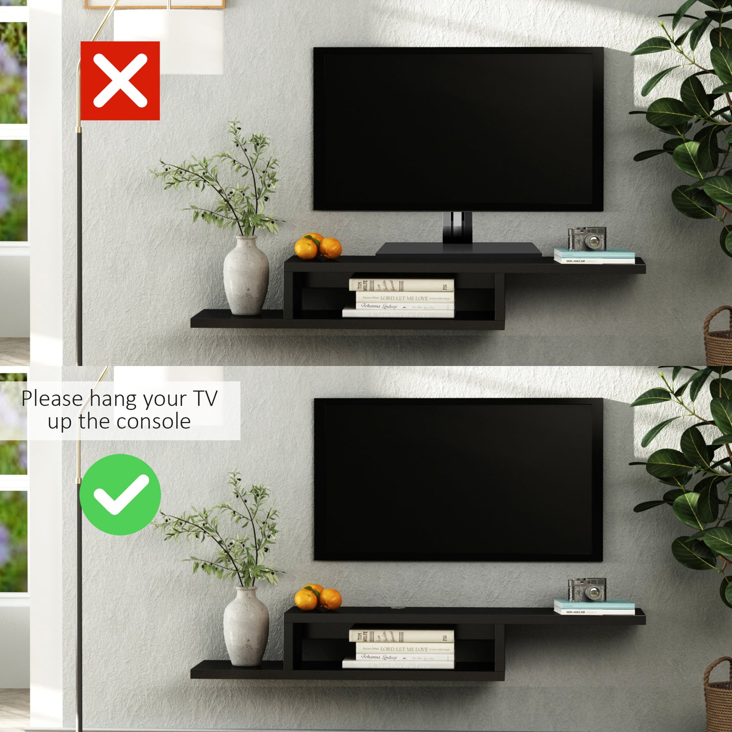 HOMCOM Floating TV Unit Wall Mounted with Open Shelf and 2 Cable Holes Black Entertainment Console for Living Room