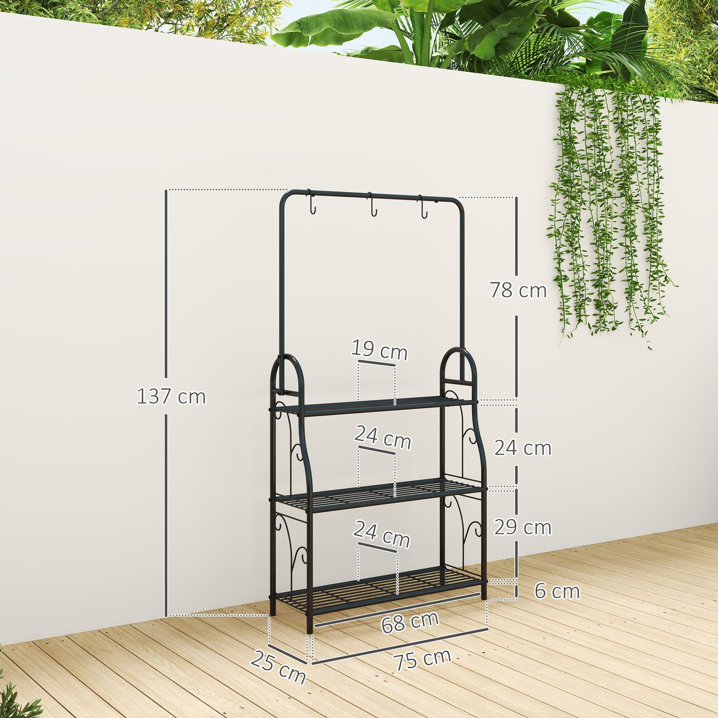 Outsunny 3 Tier Plant Stand With Hanging Rod And Hooks Metal Rack For Indoor Outdoor Porch Balcony Black