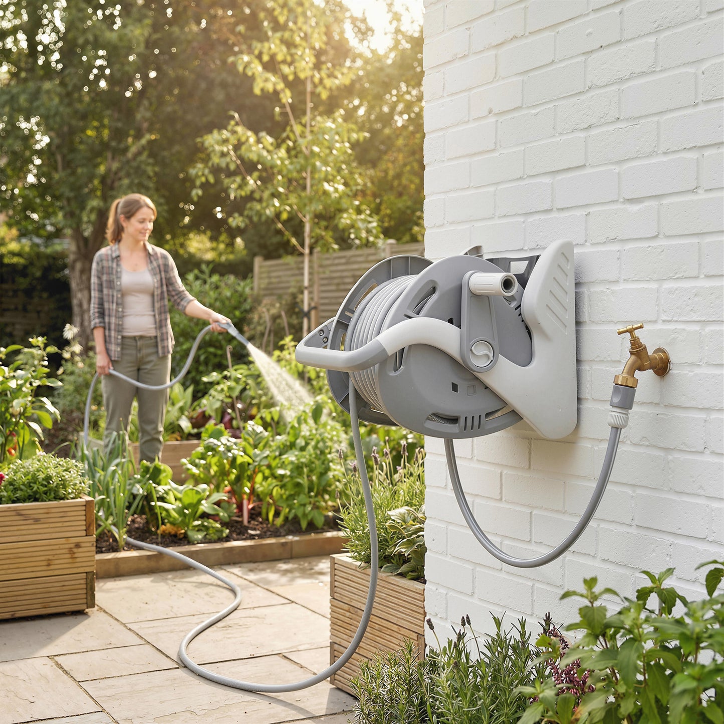 Outsunny Portable Garden Hose Reel 20 Plus 2 Meters Wall Mounted Reel With Two Pattern Nozzle And Crank Grey