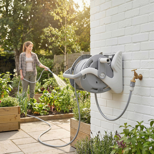 Outsunny Portable Garden Hose Reel 20 Plus 2 Meters Wall Mounted Reel With Two Pattern Nozzle And Crank Grey