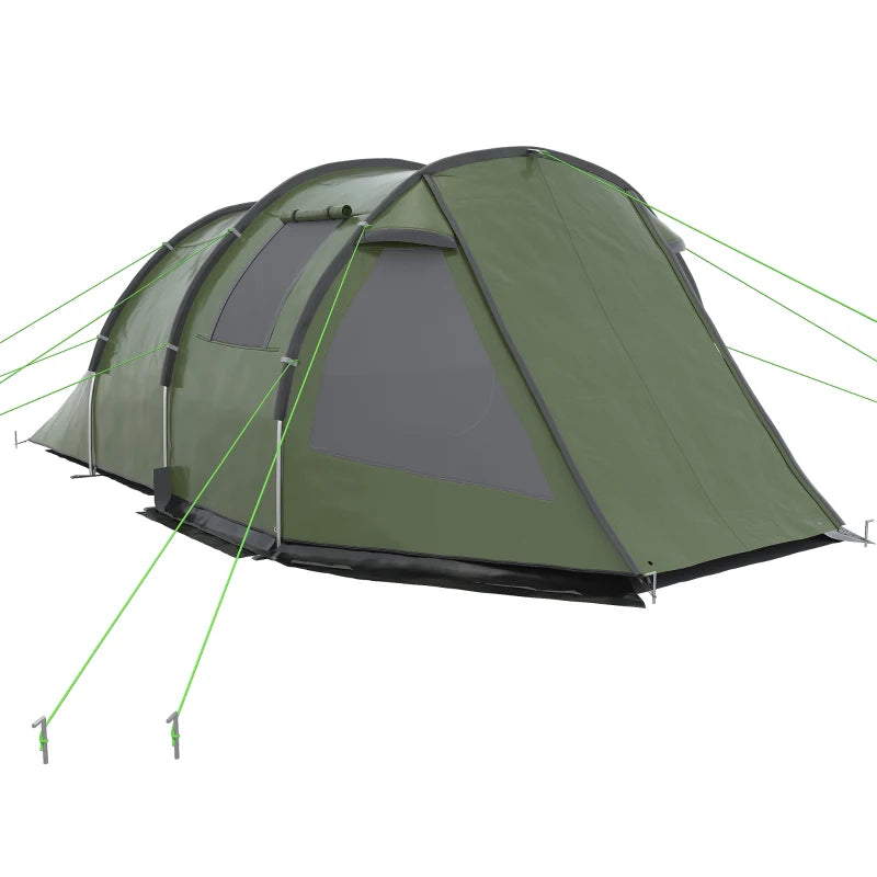 Outsunny 2-Room Tunnel Camping Tent for 3-4 People with Windows, Covers, Carry Bag - Ideal for Fishing, Hiking, Sports - Green - ALL4U RETAILER LTD