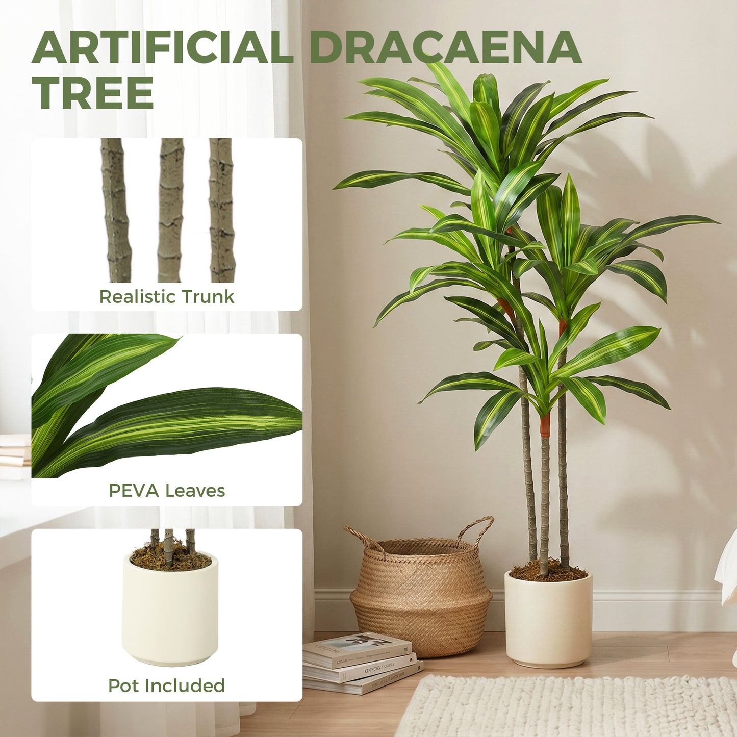 HOMCOM 120cm Lifelike Dracaena Fake Tree With Bendable Trunks And Green Leaves For Indoor Decor