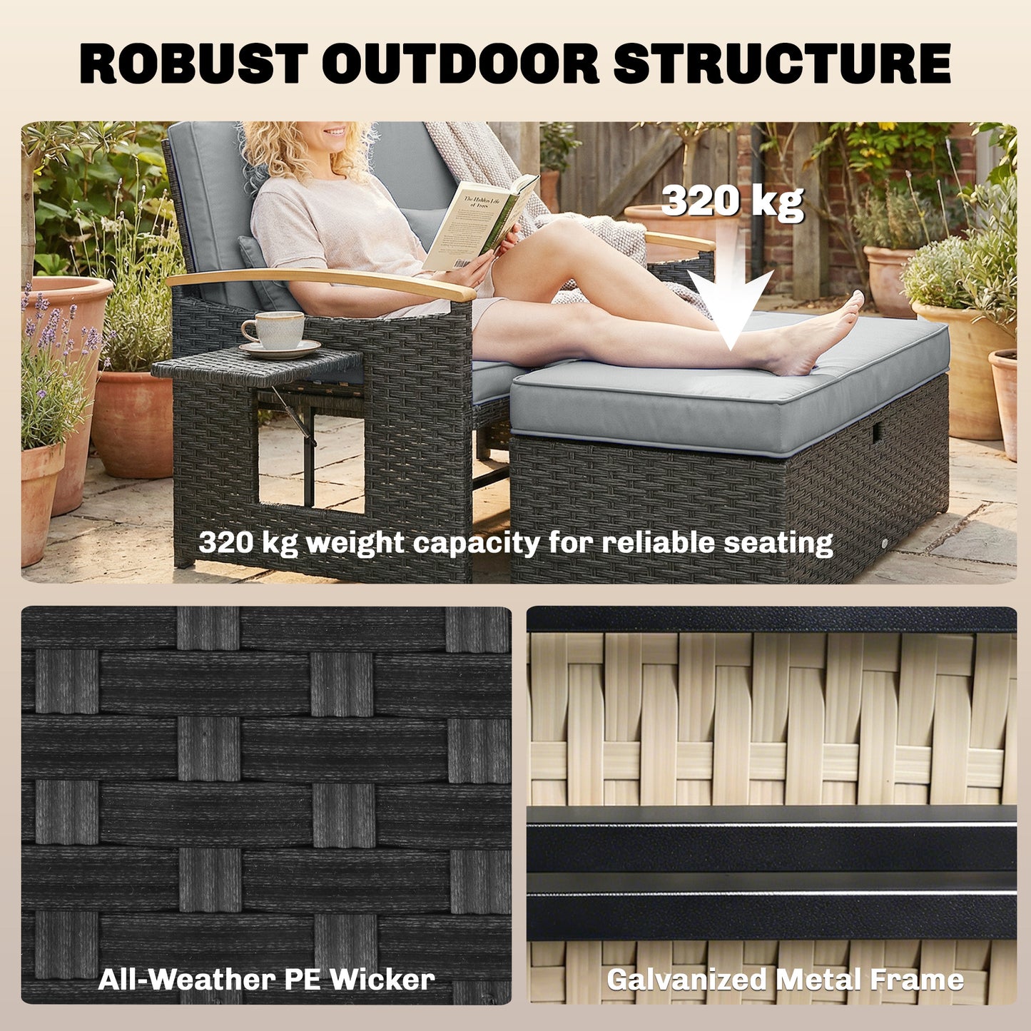 Outsunny Double Outdoor Rattan Daybed Chaise Lounger With Storage Ottoman And 4-Level Adjustable Backrest Dark Grey
