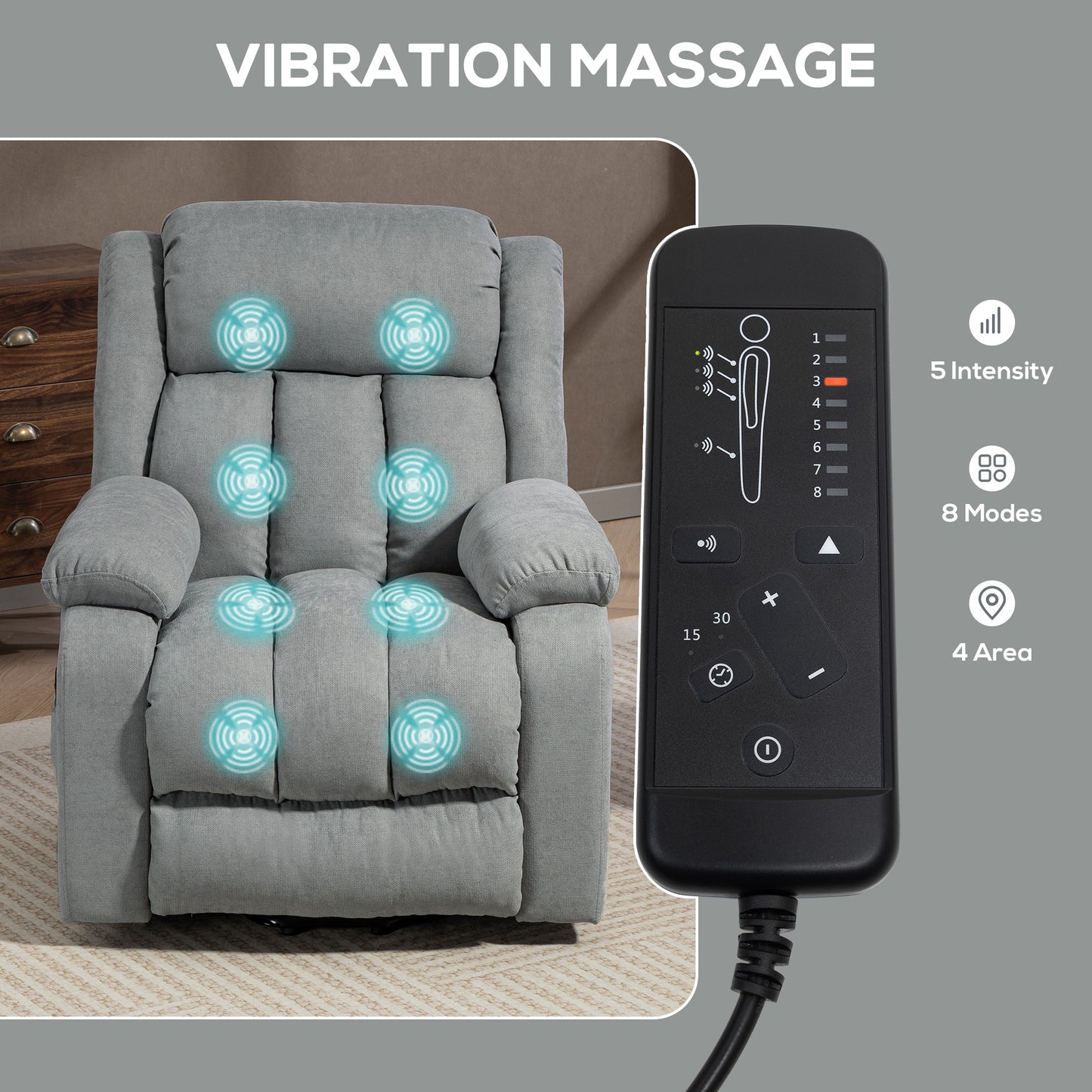 HOMCOM Eight Point Massage Electric Lift Chair Recliner With Remote Control 135 Degree Back Recline Light Grey