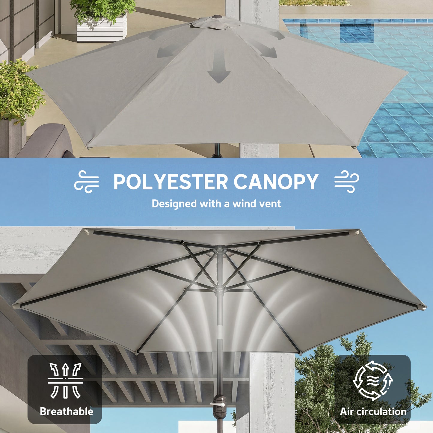 Outsunny 2.6 Meter Garden Parasol Umbrella With Aluminium Pole For Outdoor Patio Tilt And Crank Vent Light Grey