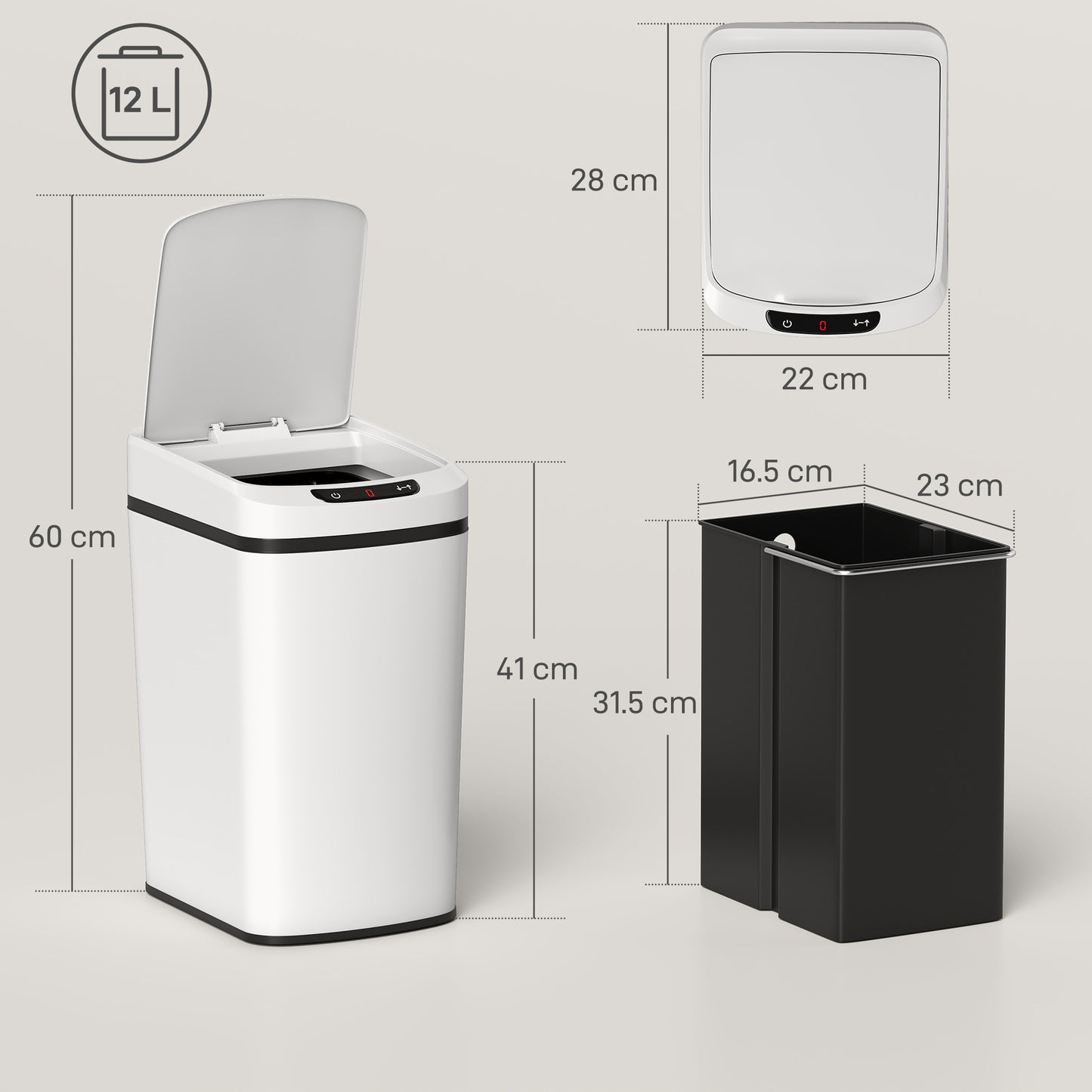 HOMCOM 12L Sensor Bin Automatic Touchless Motion Sensor Kitchen Bin Fingerprint Resistant Stainless Steel White
