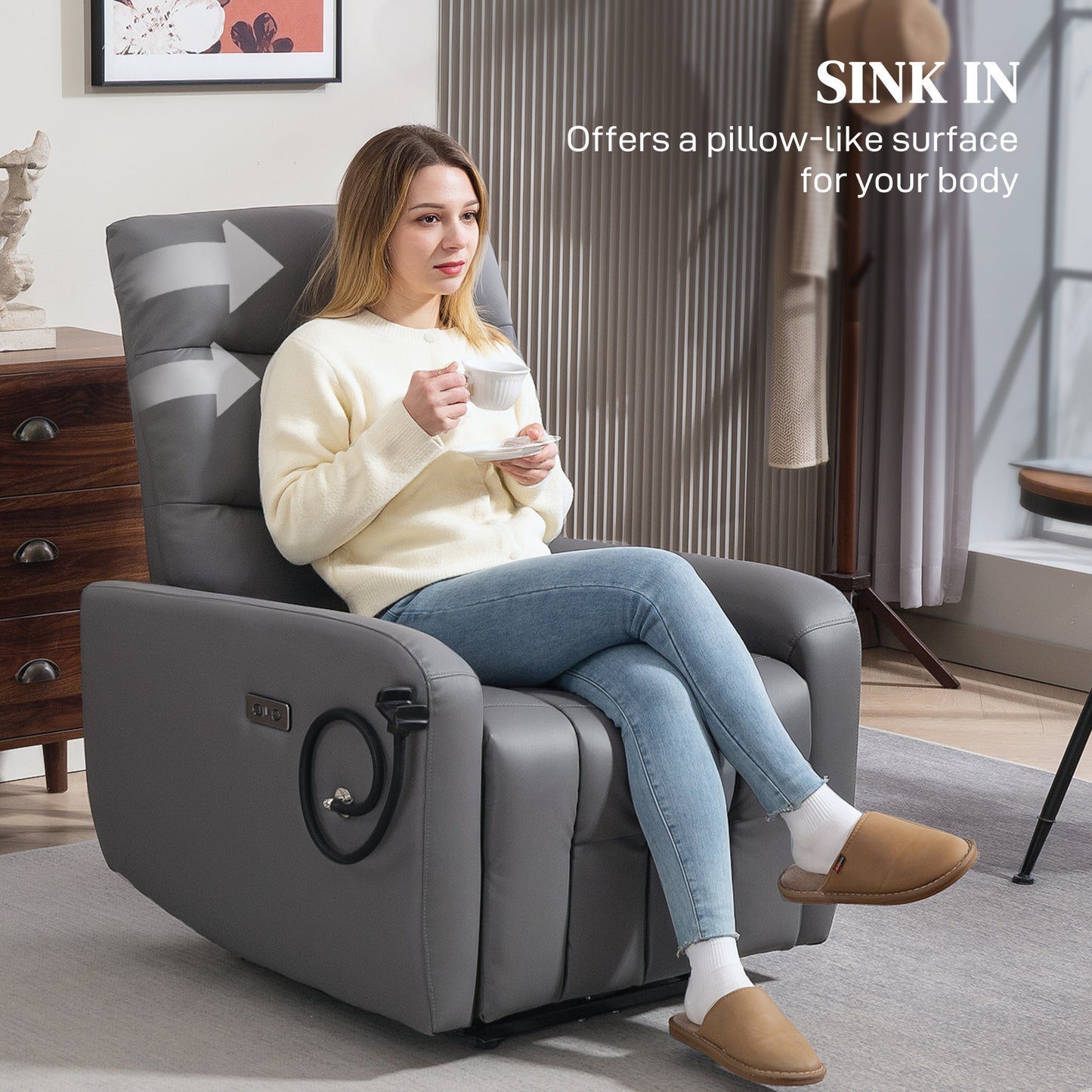 HOMCOM Electric Recliner With USB And Type C Ports, Phone Holder, PU Leather, Adjustable Leg Rest, Grey For Living Room