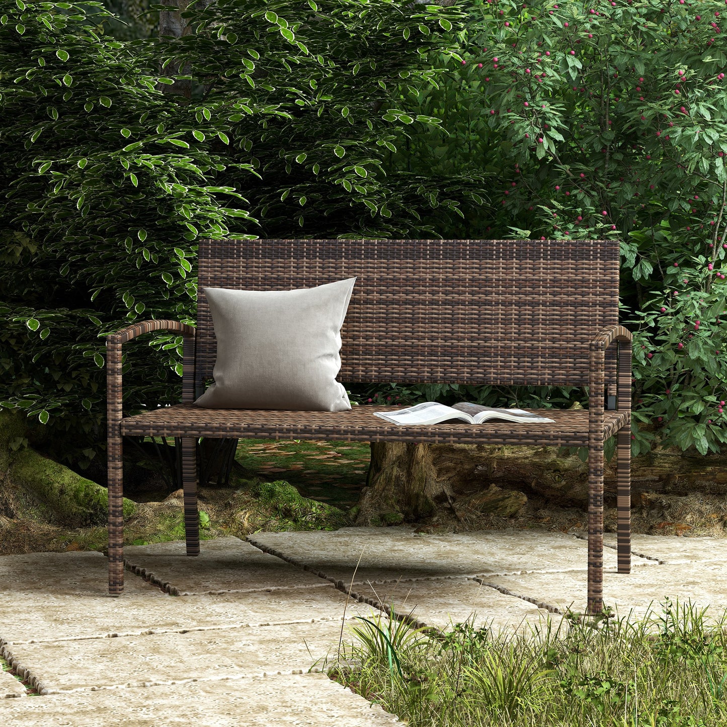 Outsunny All Weather Wicker Garden Loveseat 2 Seater Poly Rattan Garden Bench Outdoor Seating Brown