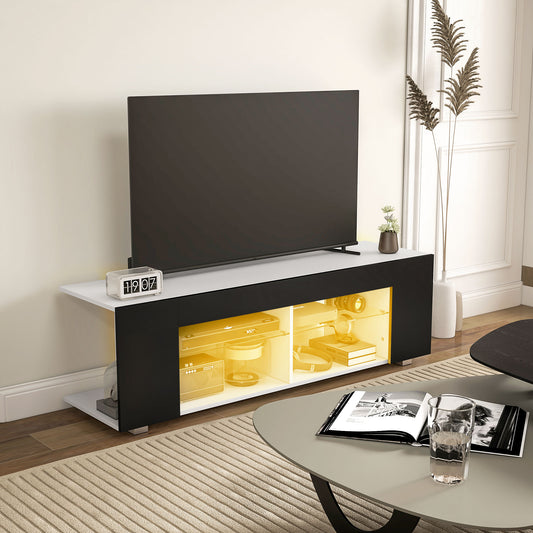 HOMCOM TV Stand with RGB LED Lighting, Glass Shelves, Suitable for 32-60 inch TVs - Black - ALL4U RETAILER LTD