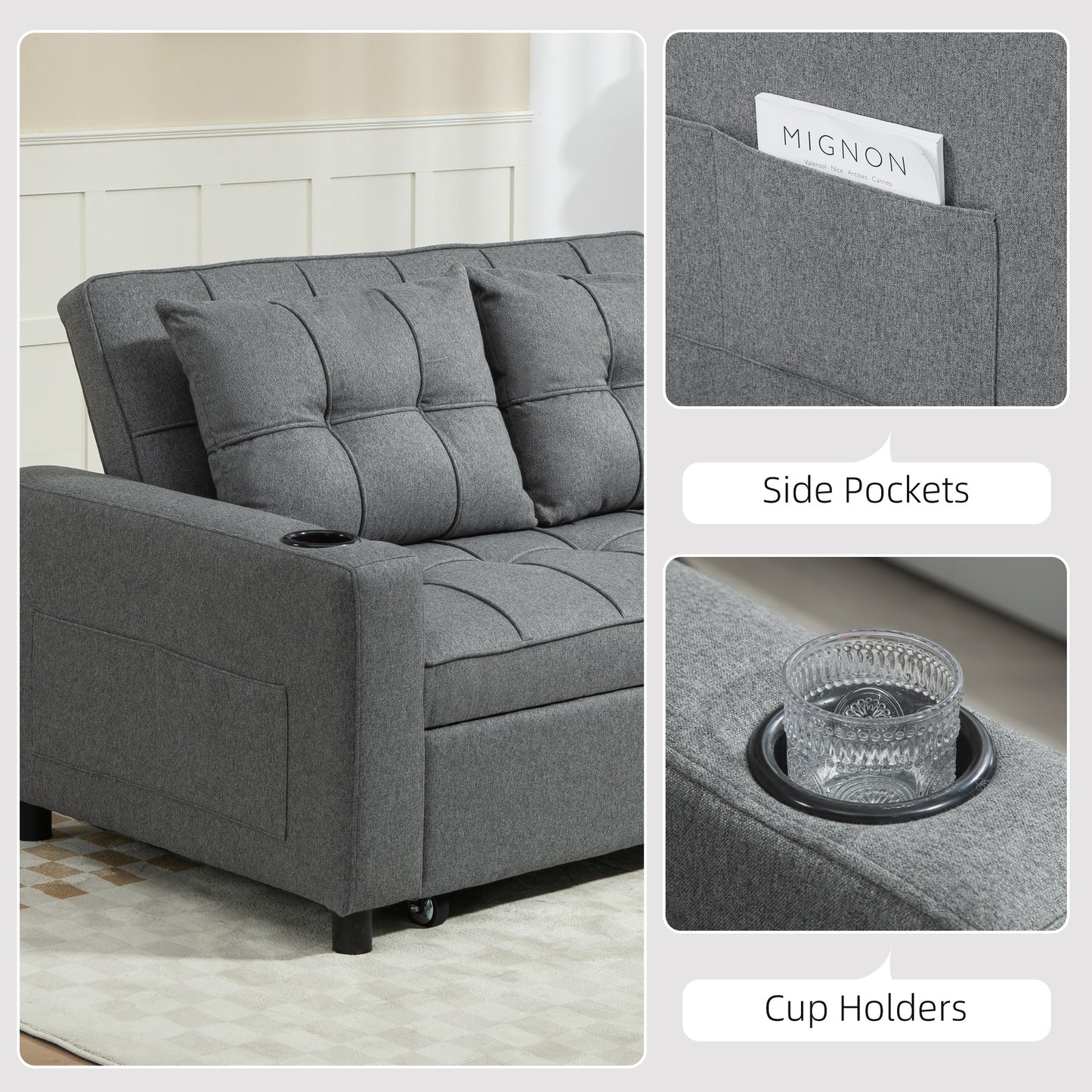 HOMCOM Two Seater Pull Out Sofa Bed Charcoal Grey Adjustable Back Linen Look Upholstery