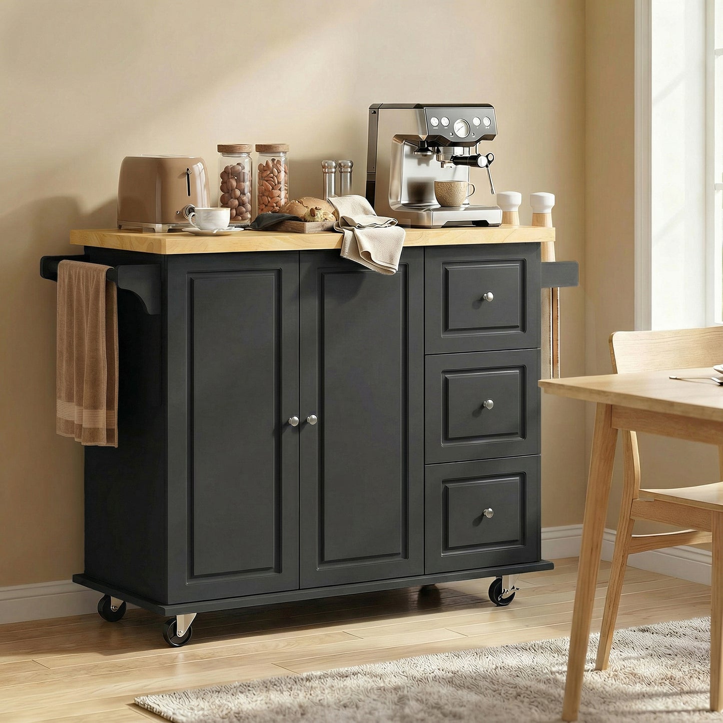 HOMCOM Kitchen Island On Wheels Rolling Kitchen Storage Trolley With Drop Leaf Drawers Towel Rack And Spice Rack Black