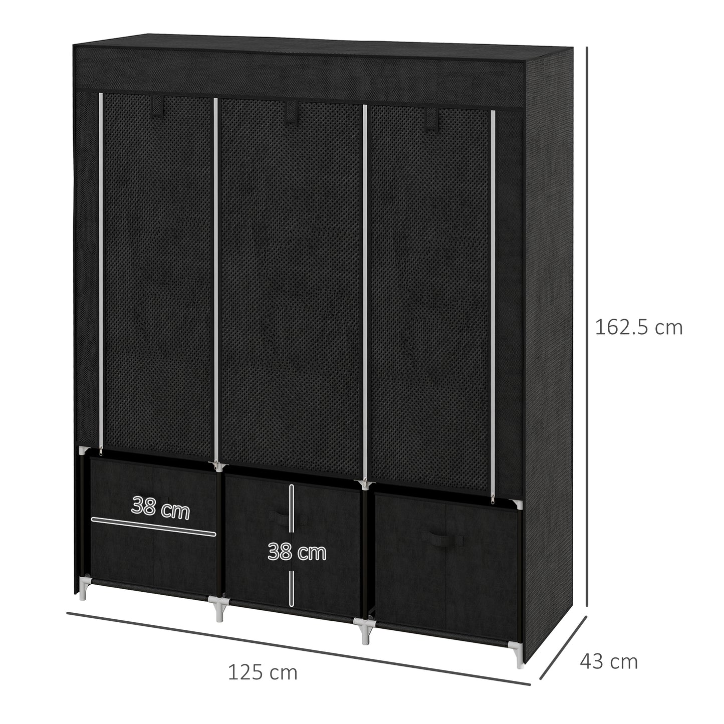 HOMCOM Foldable Fabric Wardrobe for Bedroom Portable with 5 Shelves 2 Hanging Rails and 3 Fabric Drawers Black
