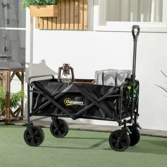 Outsunny Versatile Folding Utility Cart with Telescopic Handle - Heavy-Duty Pull Along Trolley in Black - ALL4U RETAILER LTD