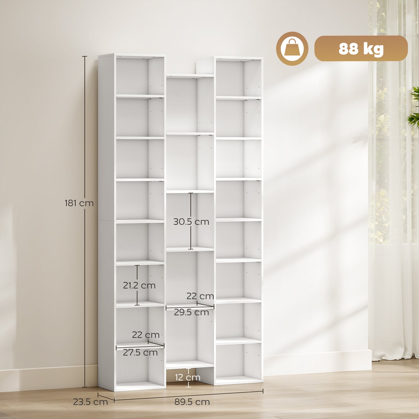 HOMCOM 21 Compartment Tall Bookshelf White With Adjustable Shelves For Living Room Storage
