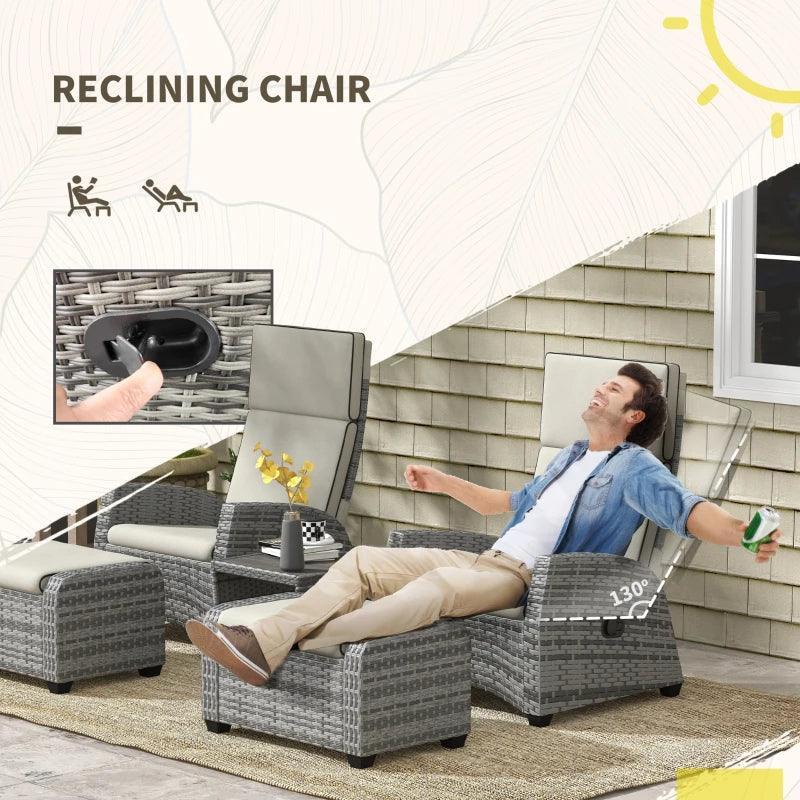 Outsunny 5-Piece Rattan Patio Reclining Chair Set with Footstools, Coffee Table, Cushions - Outdoor Garden Furniture in Grey - ALL4U RETAILER LTD