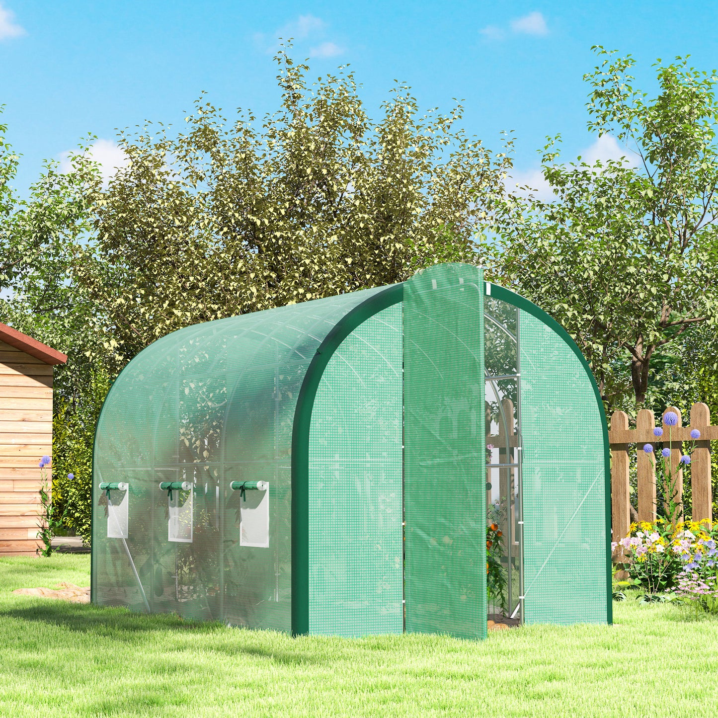 Outsunny 3 X 2 M Polytunnel Greenhouse With Reinforced PE Cover Windows And Doors Green