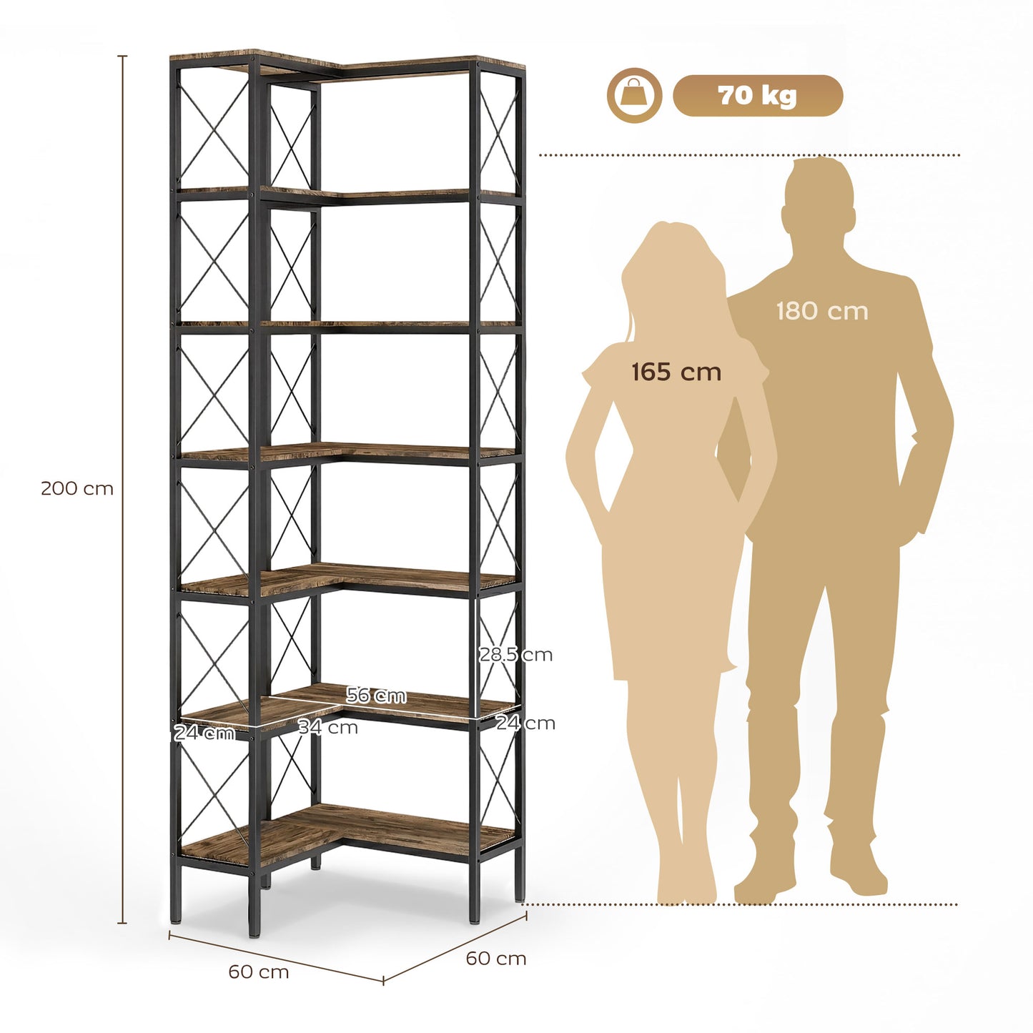 HOMCOM 200 cm Industrial 6 Tier L Shaped Bookshelf Freestanding Corner Bookcase With Metal Frame Rustic Brown Finish