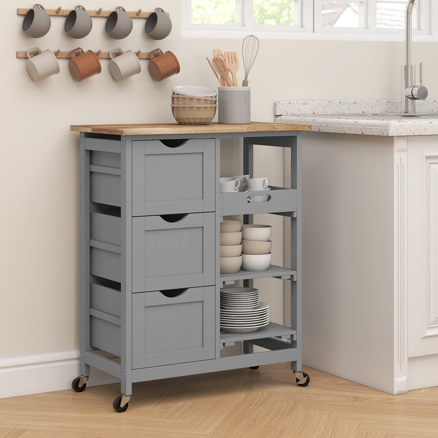 HOMCOM Rolling Kitchen Island Cart With Wood Top Grey Bar Serving Cart On Wheels Shelves And Drawers