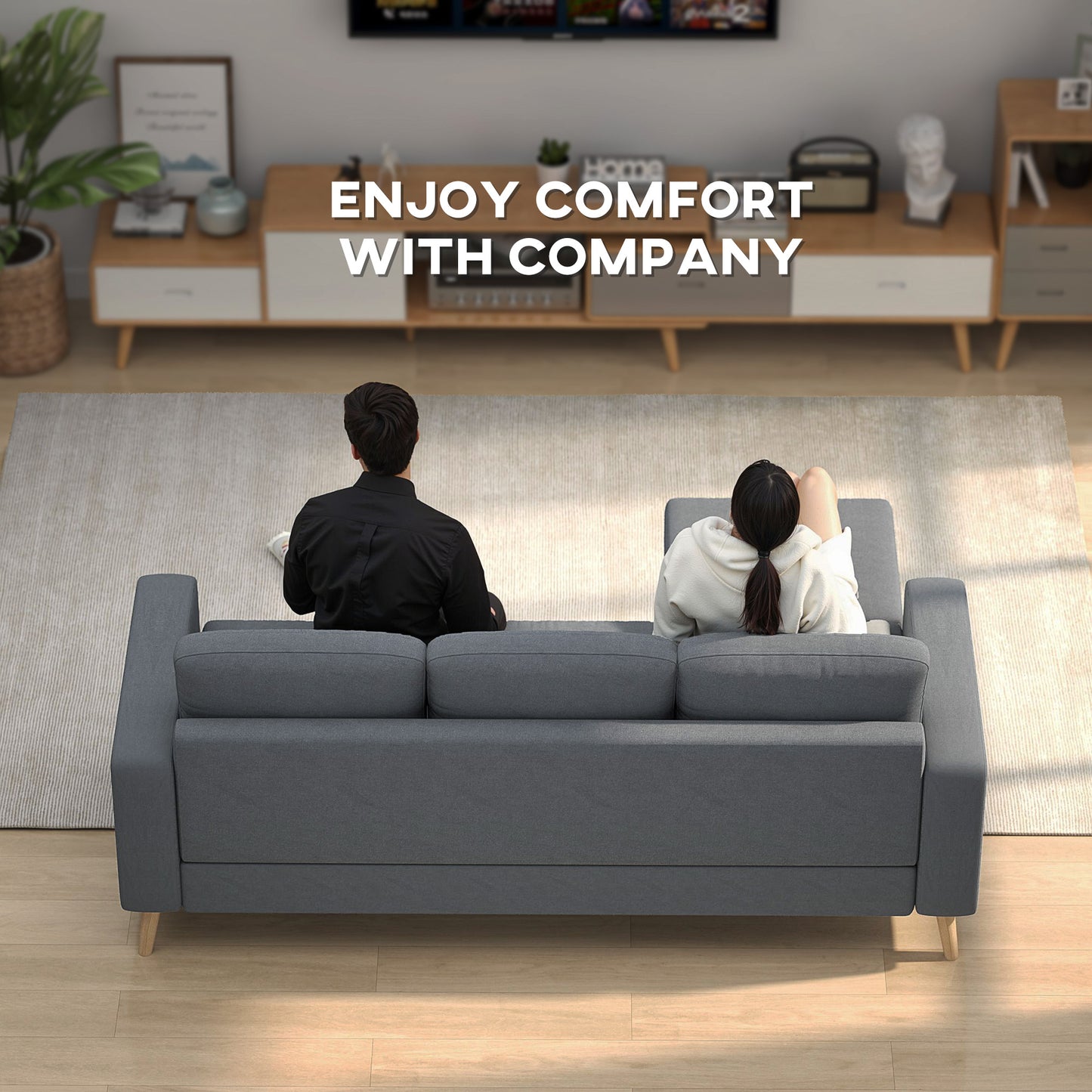 HOMCOM Three Seater Fabric L Shaped Sofa With Footstool And Wood Legs For Small Space Living Room Office Dark Grey