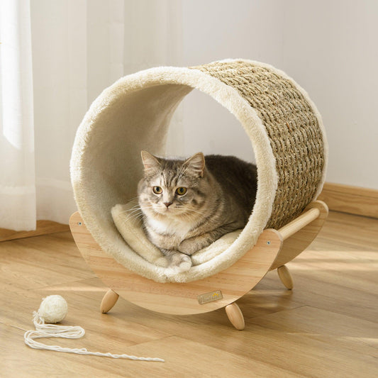 PawHut Elevated Cat House, Kitten Bed, Pet Shelter, Scratcher, Soft Cushion - Khaki, 41 x 38 x 43 cm - ALL4U RETAILER LTD