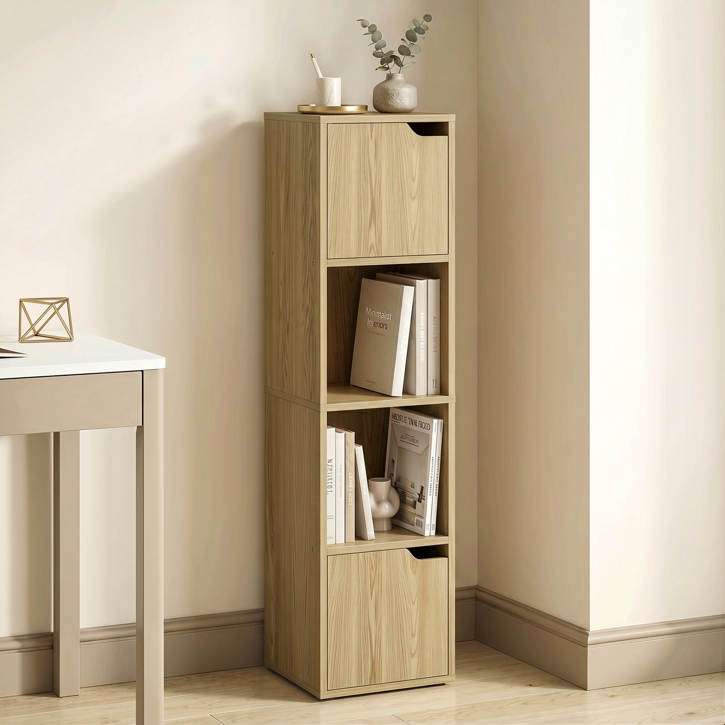 HOMCOM Narrow 4 Tier Bookcase With Doors Oak Finish For Living Room And Bedroom Storage Cabinet