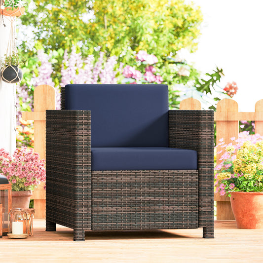 Outsunny PE Rattan Garden Armchair With Cushions Mixed Brown Navy Blue Water Resistant 10 Cm Thick