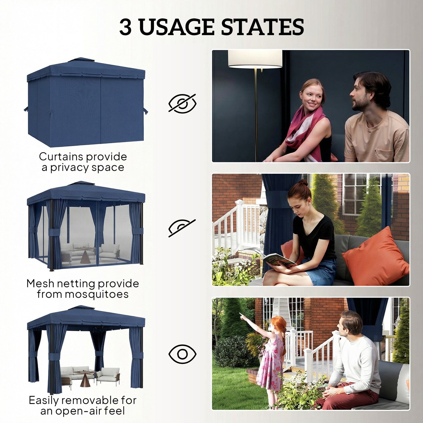 Outsunny 3x3m Patio Gazebo Canopy Garden Pavilion Tent Shelter Marquee With 2 Tier Roof Netting Curtains Dark Blue