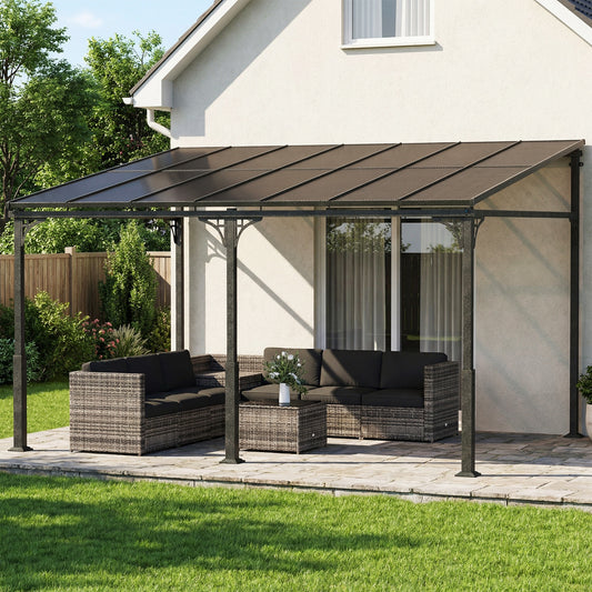 Outsunny 4 x 3 m Metal Lean To Pergola With Polycarbonate Roof Wall Mounted Garden Gazebo Brown