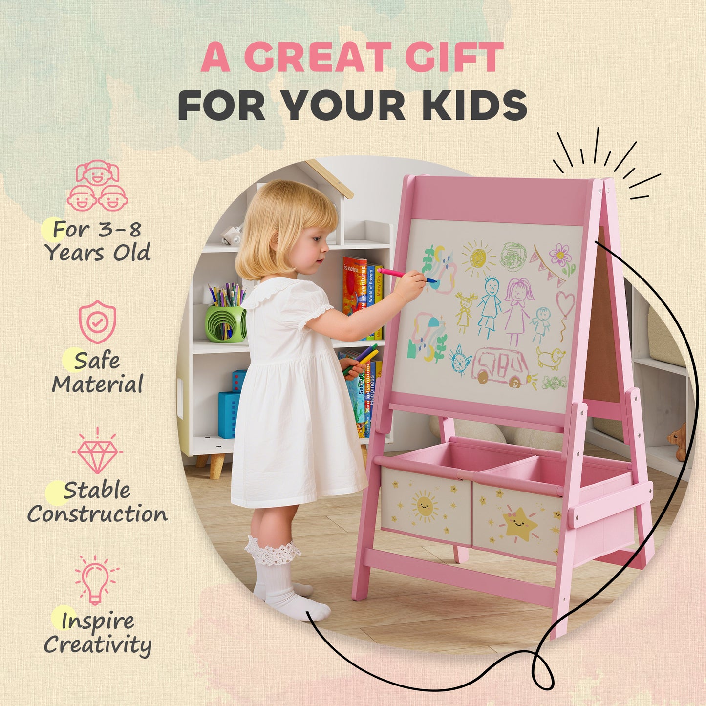 AIYAPLAY Art Easel For Kids Double Sided Whiteboard And Blackboard With Paper Roll For Ages 3 To 8 Years Pink