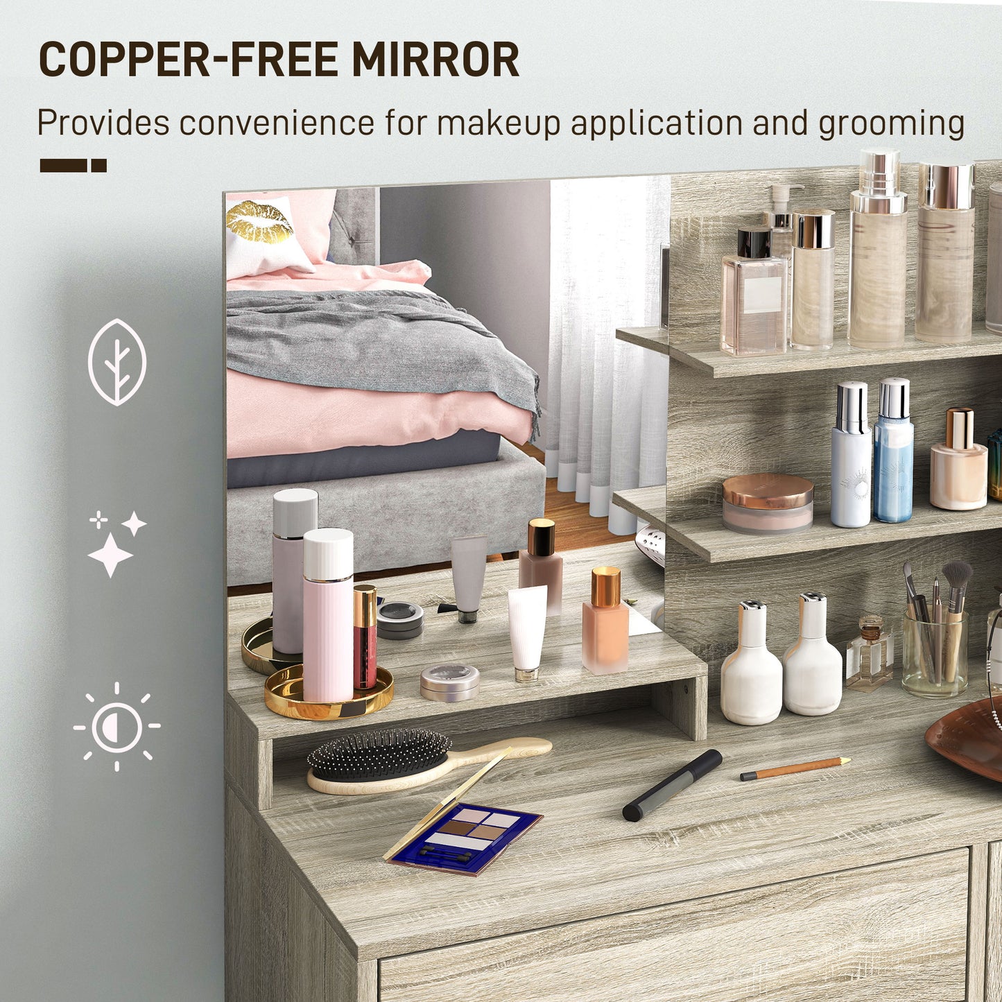 HOMCOM Dressing Table And Stool Set With Storage Mirror Drawer And Cupboard With Wood Effect Finish
