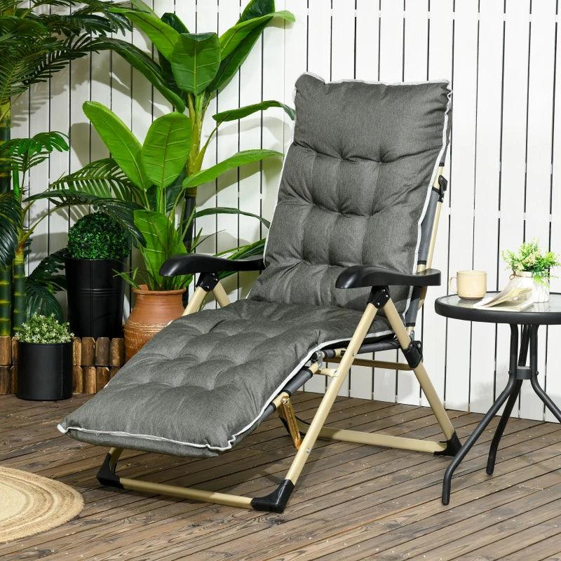 Outsunny Outdoor Reclining Sun Lounger Chair - Folding Garden Recliner with Cushion, Pillow, Adjustable Backrest, and Footrest for Patio, Deck, Poolside in Grey - ALL4U RETAILER LTD