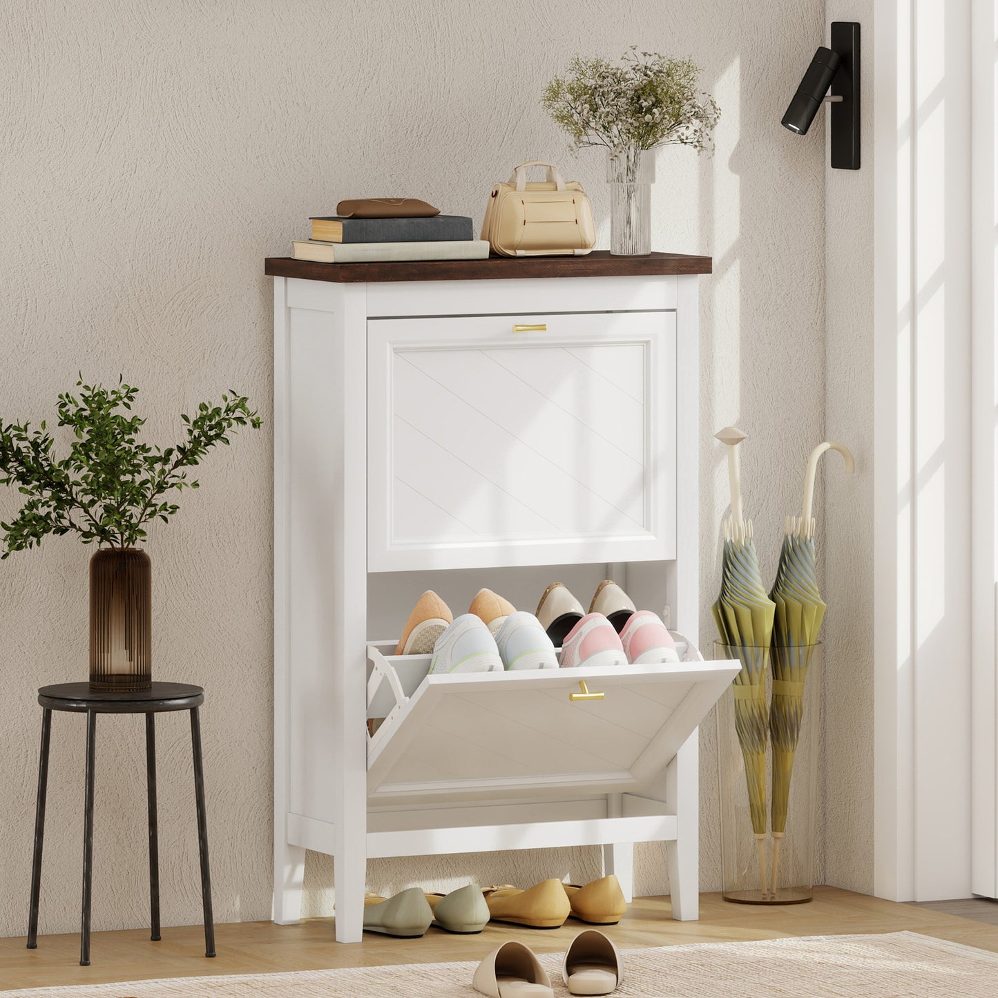 HOMCOM Narrow Farmhouse Shoe Cabinet With 2 Flip Drawers And Adjustable Shelves In White