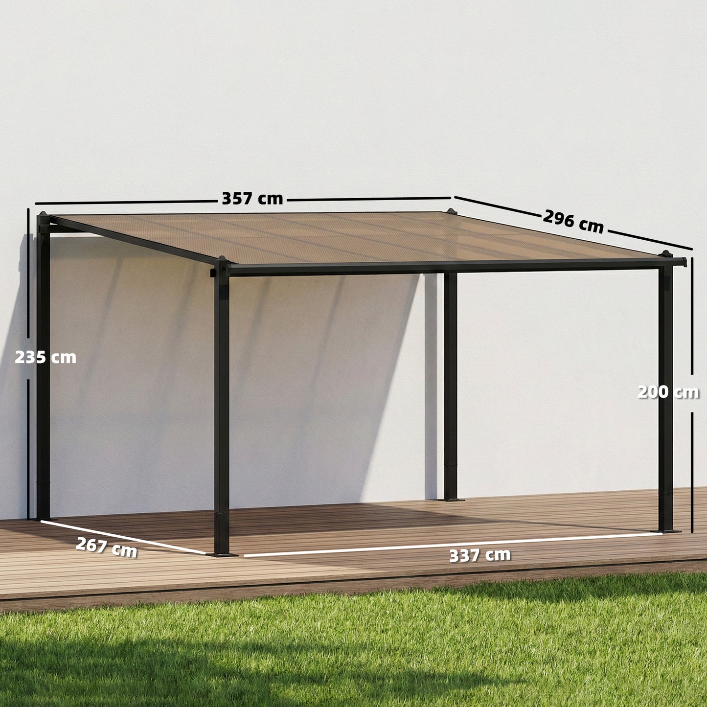 Outsunny 3.6 x 3 m Lean To Garden Pergola With PC Roof Aluminium Frame Hardtop Gazebo With Drainage Gutters Dark Grey