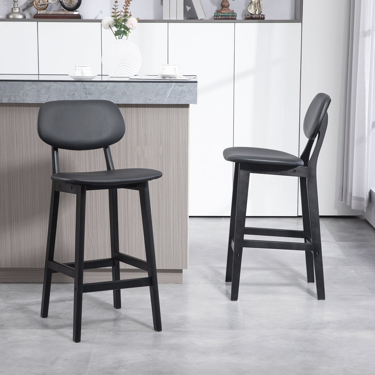 HOMCOM Modern Bar Stool Set of 2, Stylish Faux Leather Kitchen Seating with Wooden Legs and Backrests, Black - ALL4U RETAILER LTD