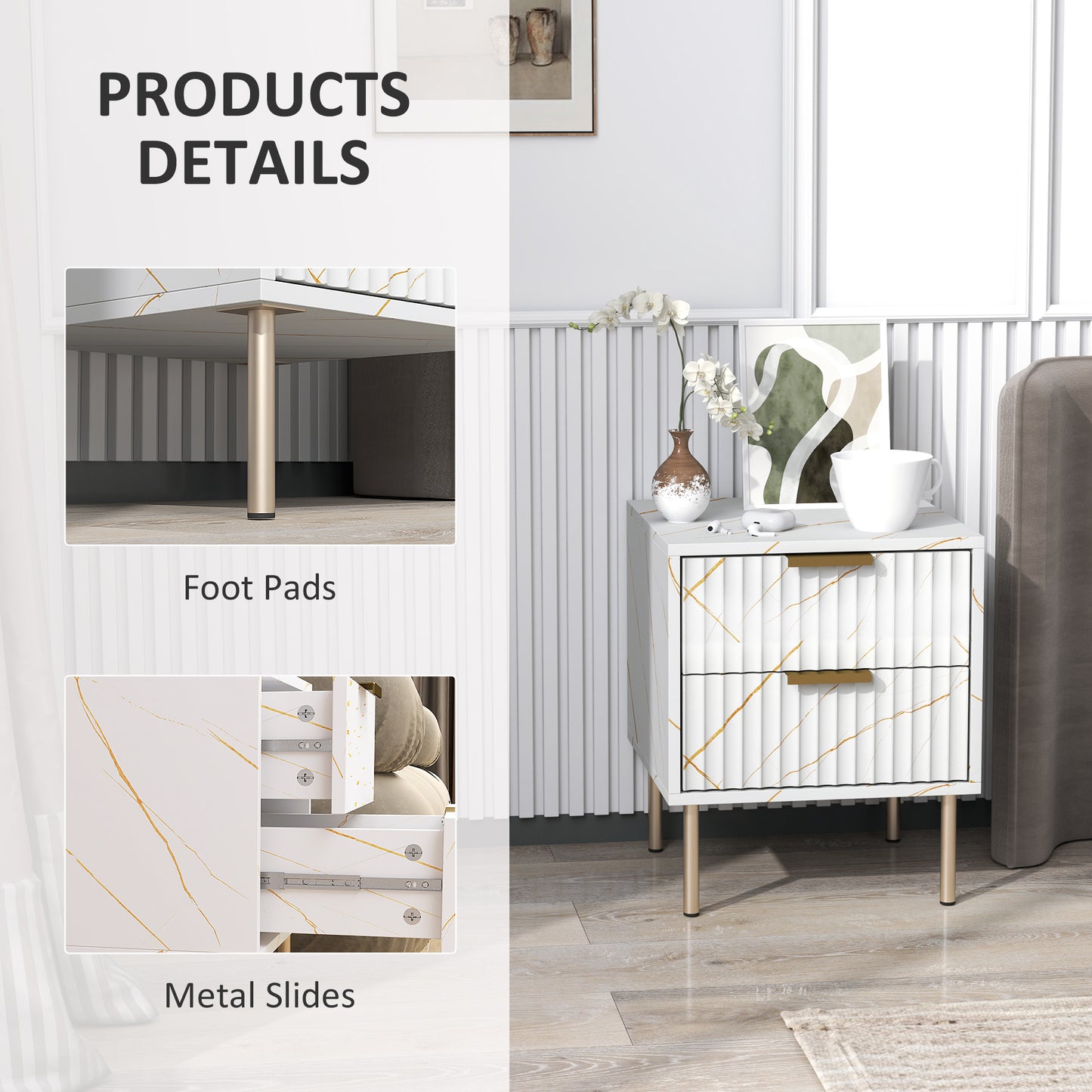 HOMCOM Marble Pattern Two Drawer Bedside Table in White With Fluted Drawers and Gold Accents