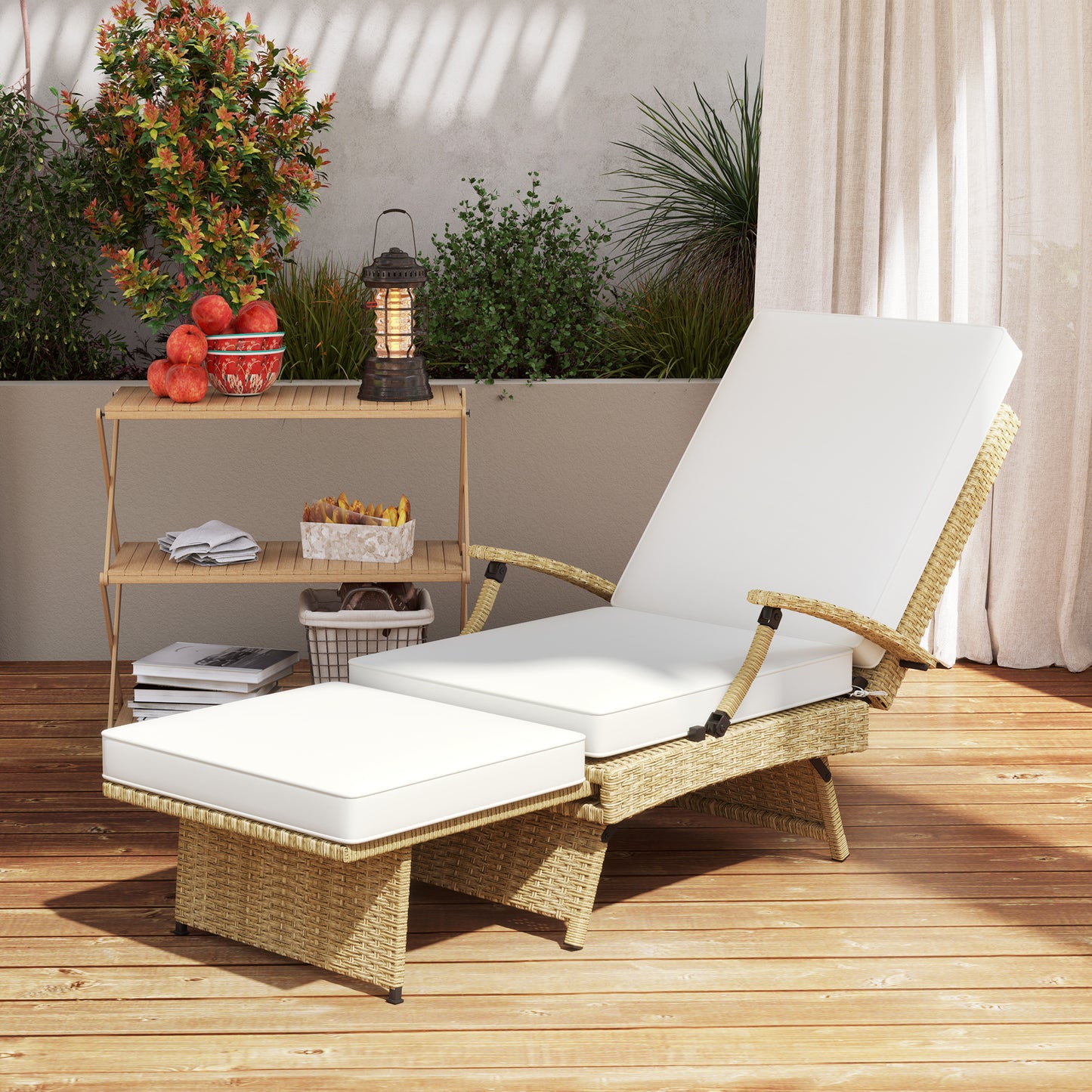 Outsunny 80 Degree Reclining Rattan Lounger With Footrest Ideal Outdoor Garden Chair White Beige