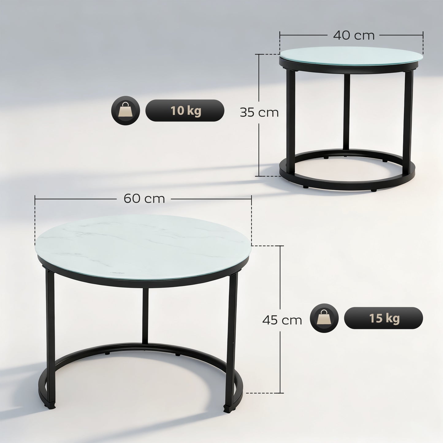 HOMCOM Glass Coffee Table Set Of 2 Nesting Tables With Marble Effect Tempered Glass Tabletops And White Steel Frame