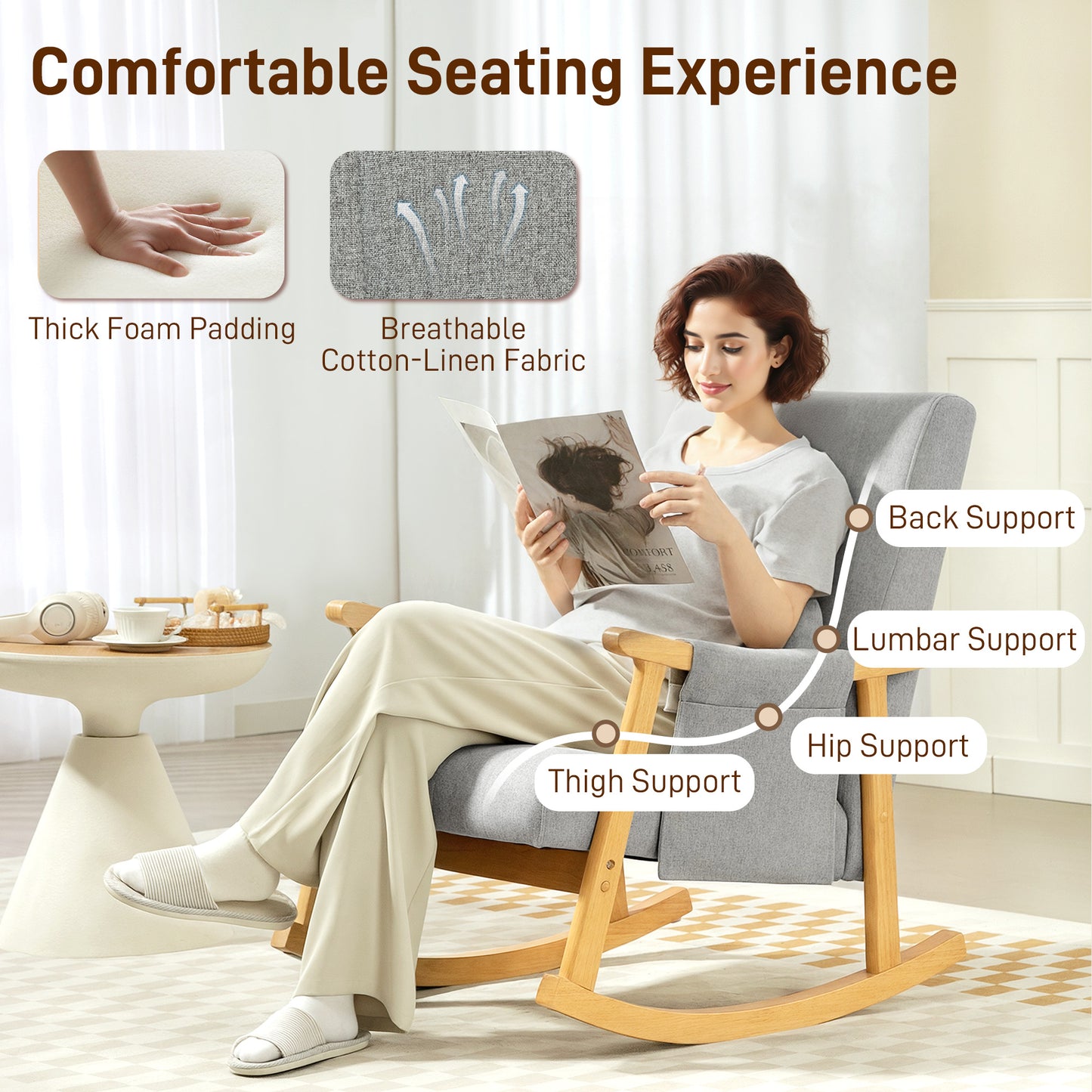 HOMCOM Wood Frame Rocking Accent Chair in Light Grey with Padded Seat and Back and Armrest