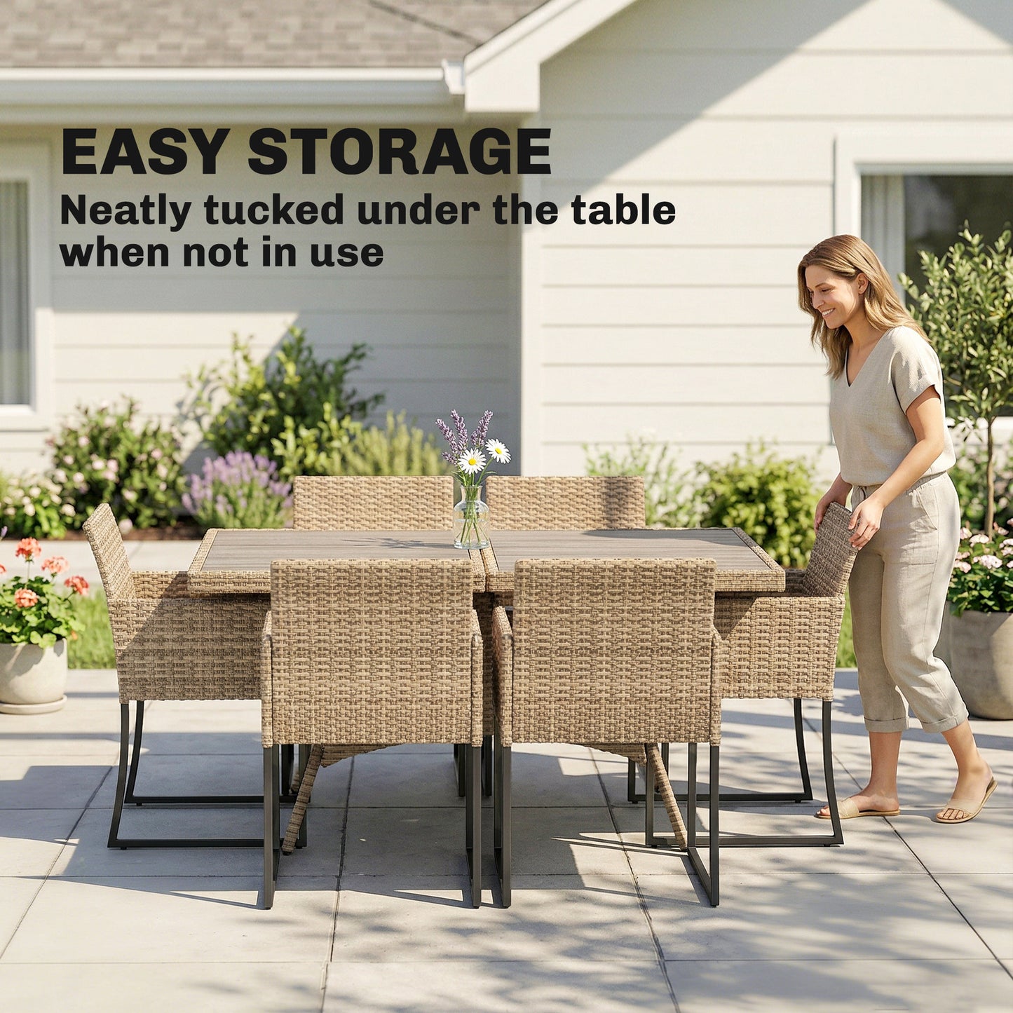 Outsunny 7 Piece Rattan Garden Dining Set With Wood Plastic Table And Six Stackable Chairs Dark Grey