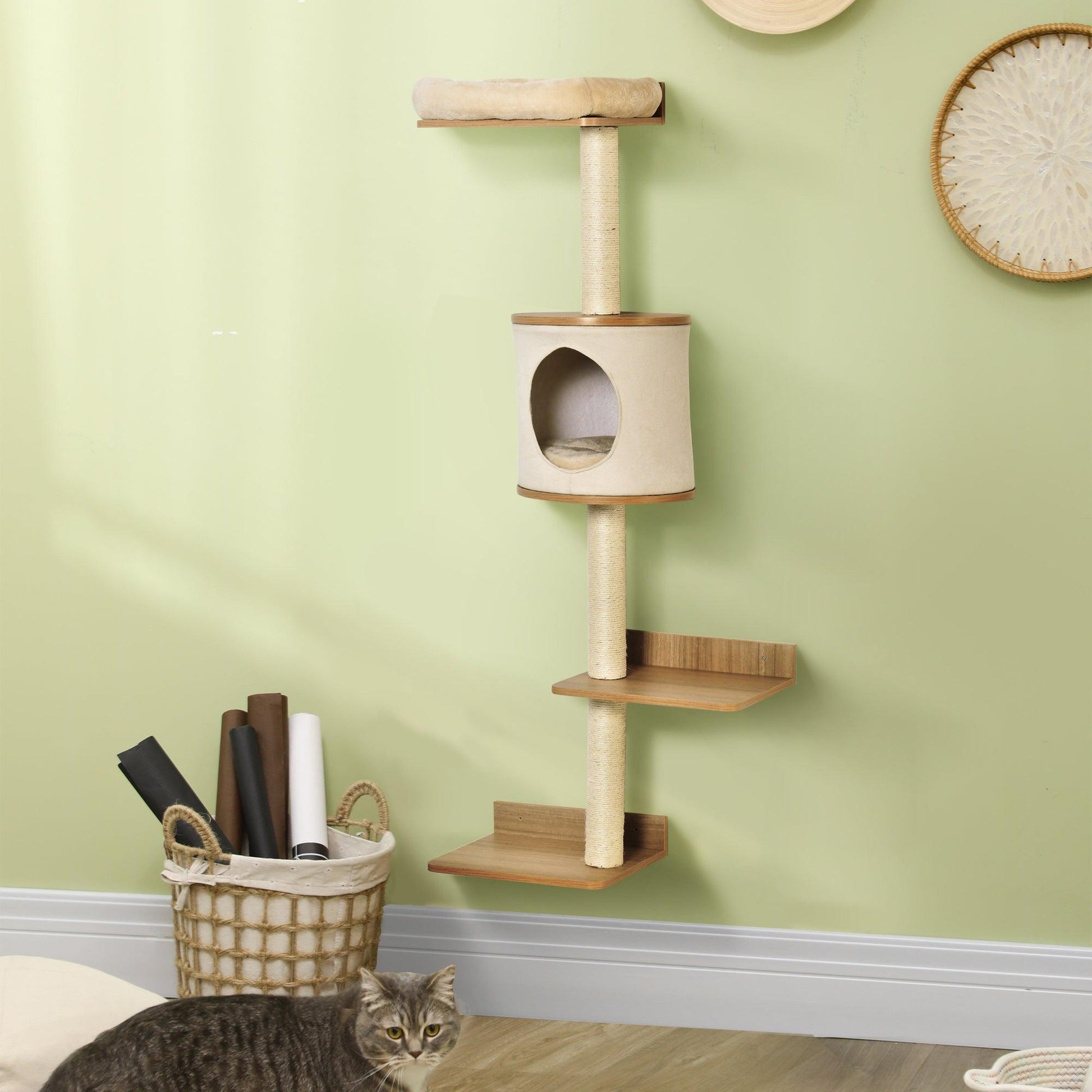 PawHut Wall-Mounted Cat Tree Condo Bed Scratching Post - Beige - ALL4U RETAILER LTD