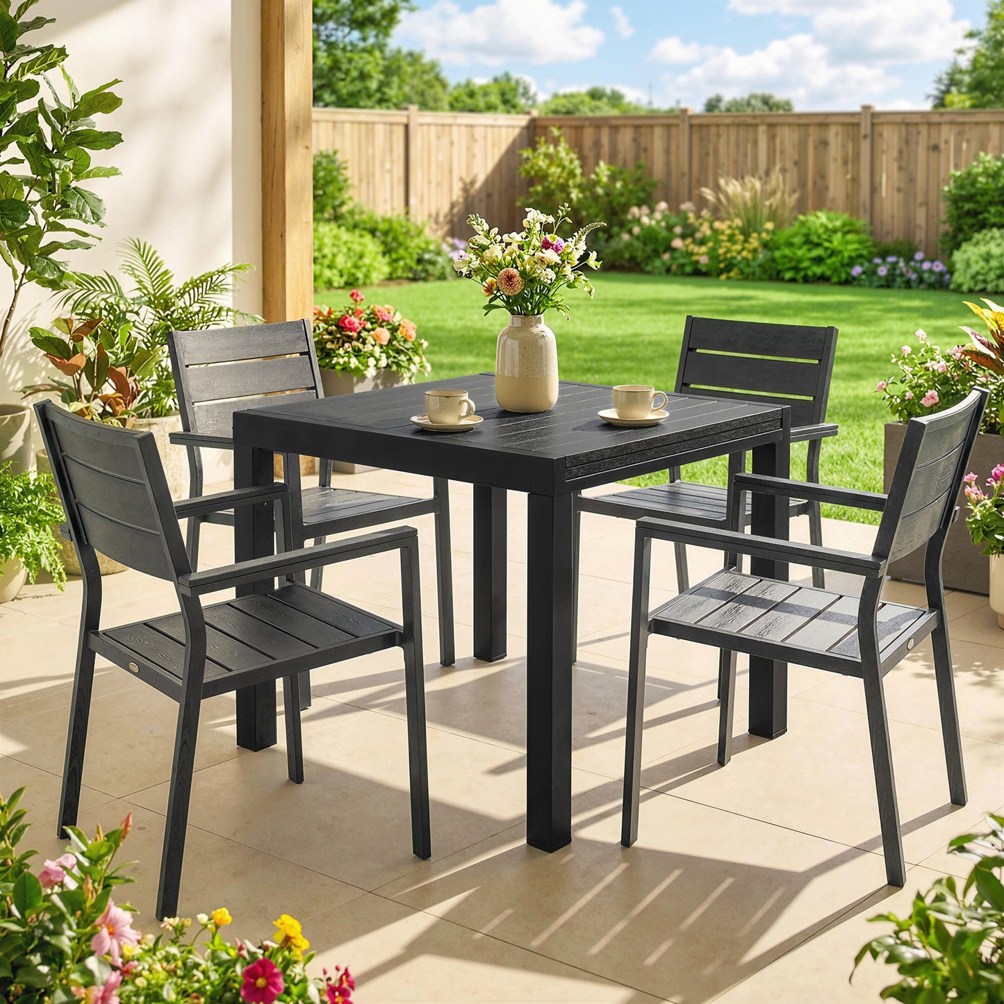 Outsunny Extendable Garden Table For Four To Six, Aluminium Outdoor Dining Table With Faux Wood Slatted Top, Black