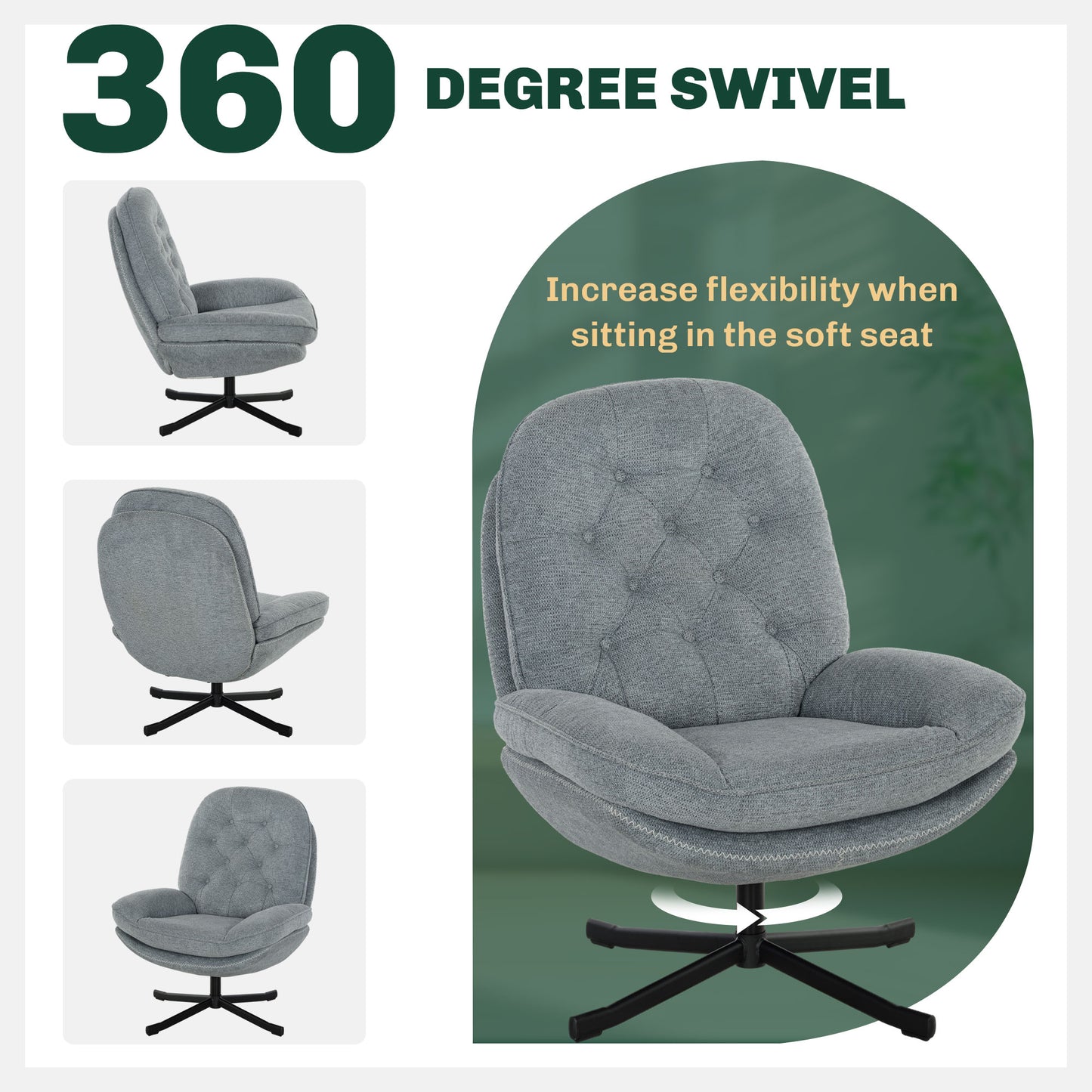 HOMCOM Grey Chenille 360° Swivel Armchair with Padded Seat and Modern Design for Living Room, Bedroom, and Office - ALL4U RETAILER LTD