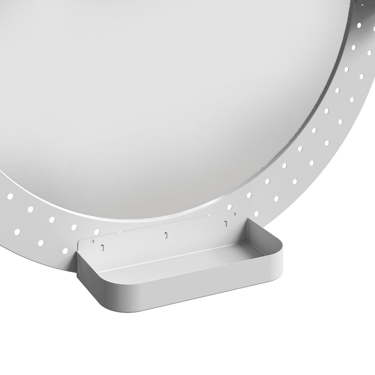 White oval mirror base with curved stand and pegboard underside
