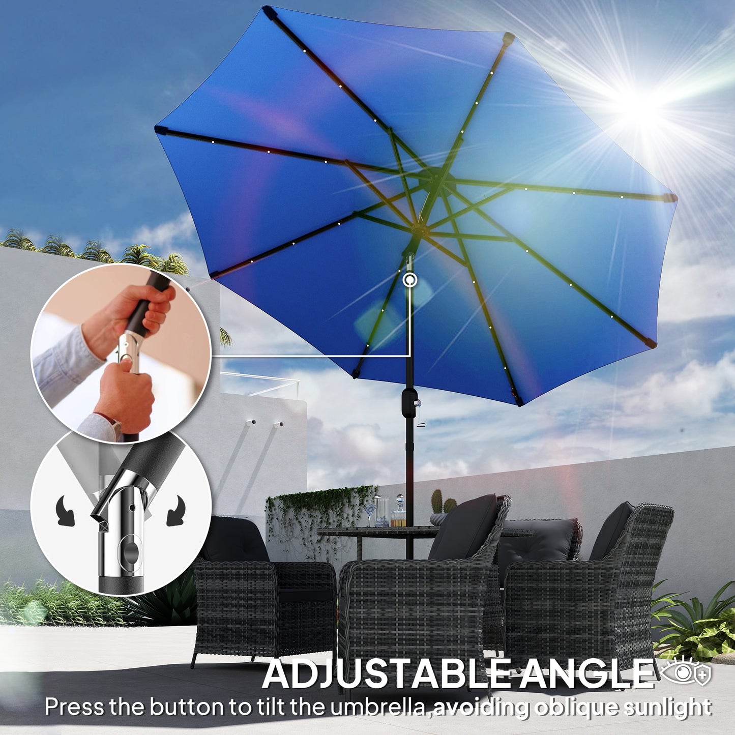 Outsunny 2.7m LED Light Parasol Umbrella Blue With 24 Solar Powered LEDs For Nighttime Ambience