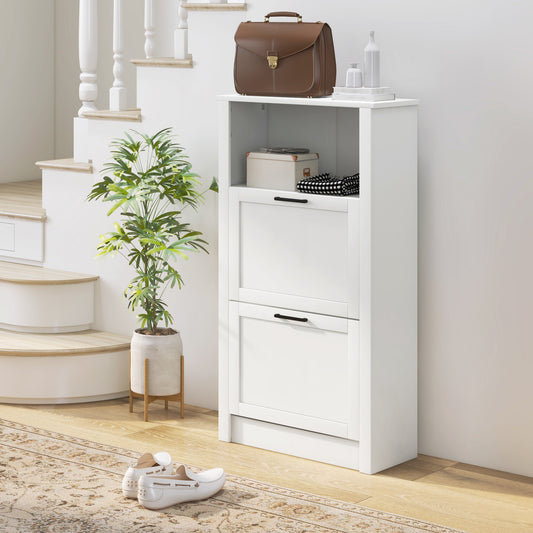 HOMCOM Modern Narrow Shoe Cabinet With 2 Flip Drawers And Adjustable Shelves, White, Holds 10 Pairs For Entryway Hallway